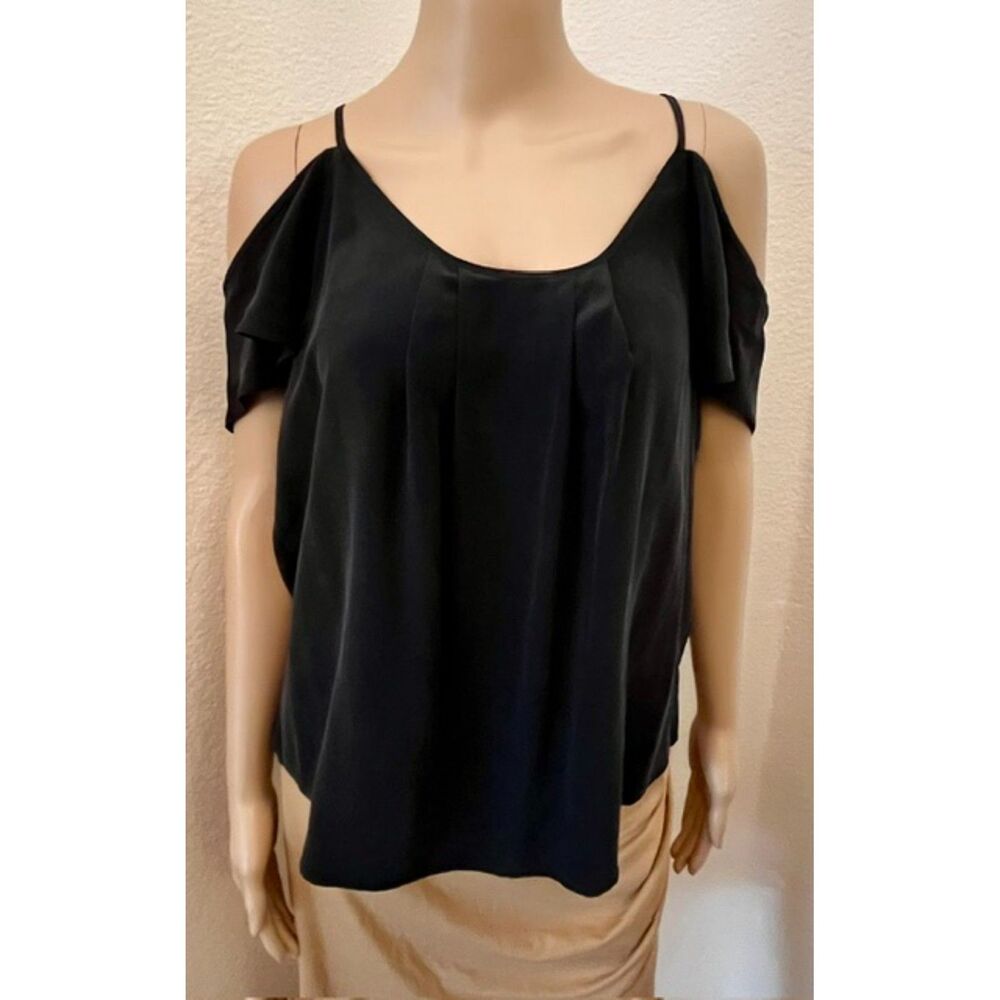 NWT SZ L Joie 'Adorlee' Black Silk Cold-Shoulder Top Flutter Sleeves & Pleating - Picture 4 of 8